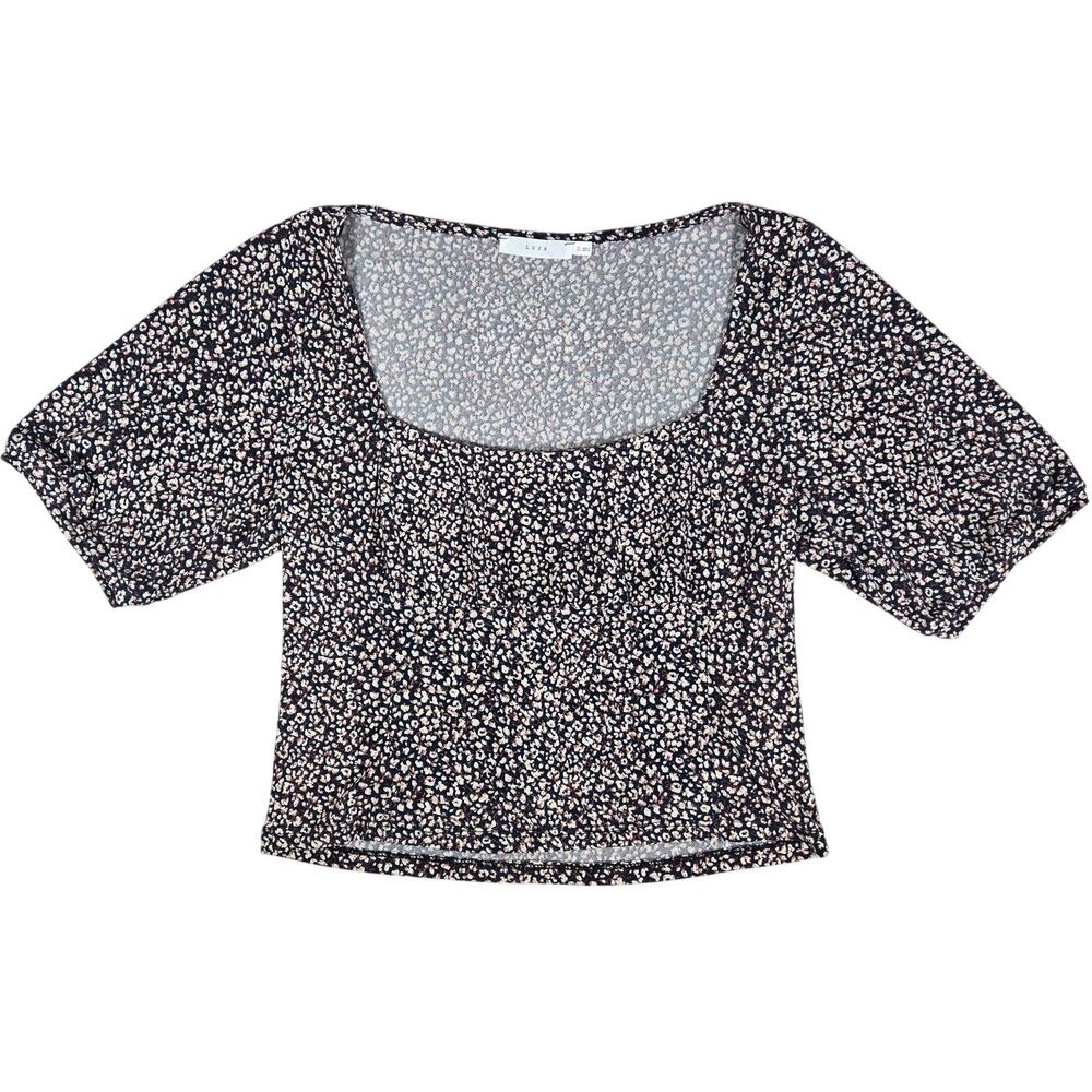 Lush Floral Print Short Sleeve Blouse Top in Blueberry Cream XL NWOT